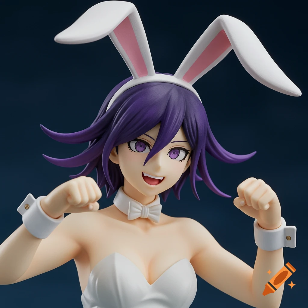 Close-up photo of an anime character figure in a white bunny suit and ears.
