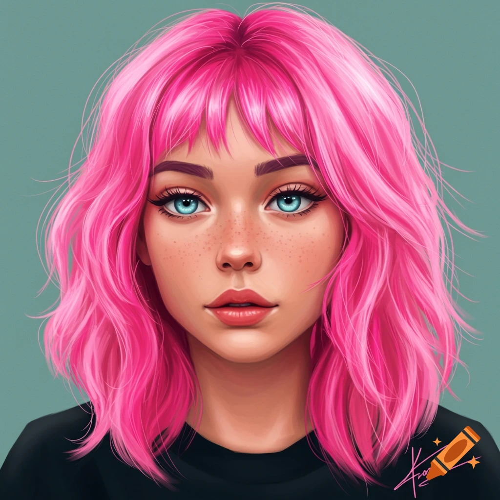 Stylized portrait of a young woman with bright pink hair and blue eyes