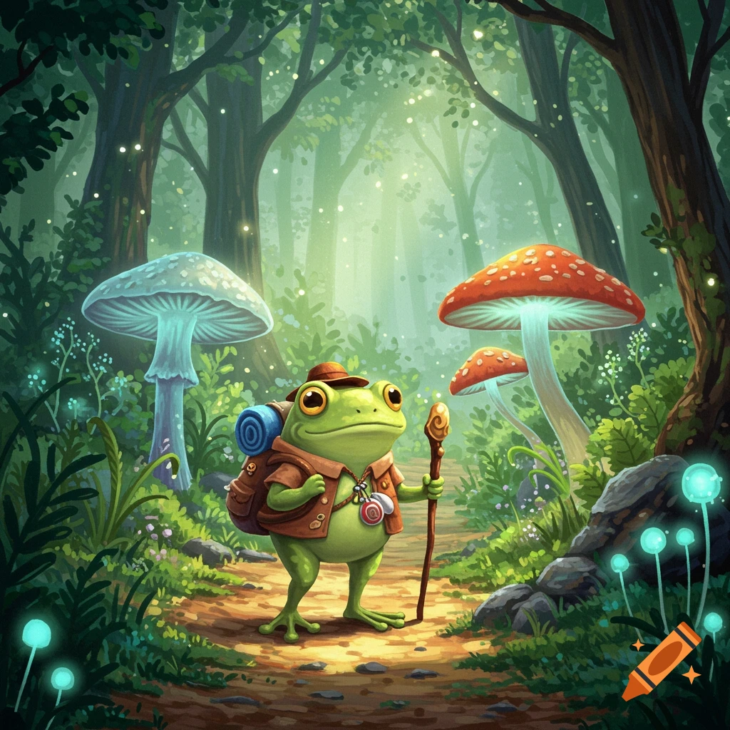 A cute cartoon frog wearing a hat and backpack hikes down a forest path with a walking stick, surrounded by glowing mushrooms and plants.