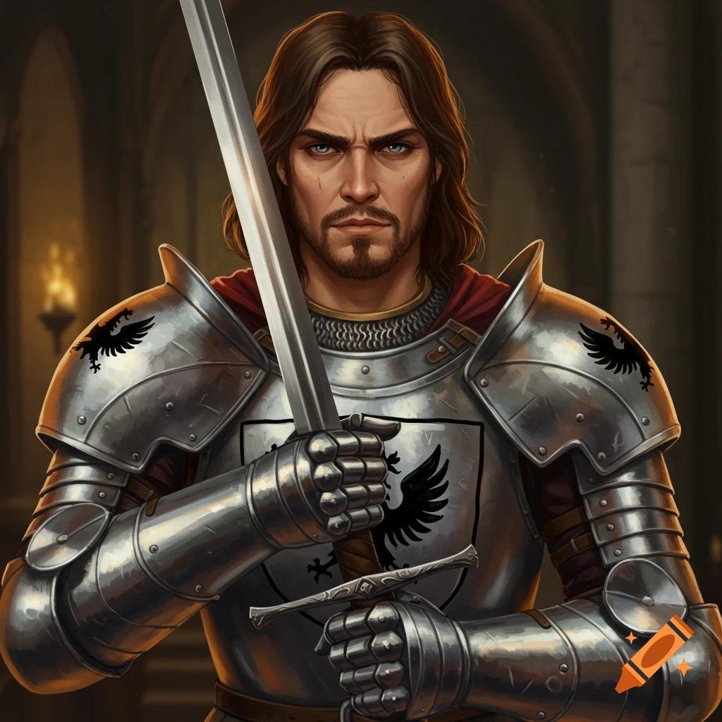 Portrait of a man in medieval armor holding a sword