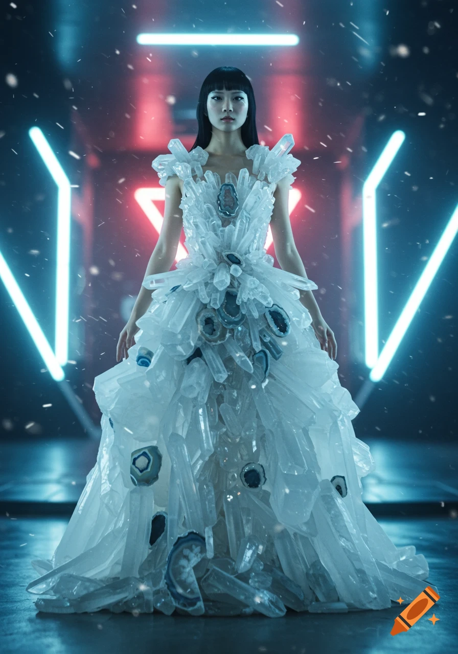 A futuristic woman wears a flowing gown made of clear crystals and geodes in a sci-fi setting with neon lights.