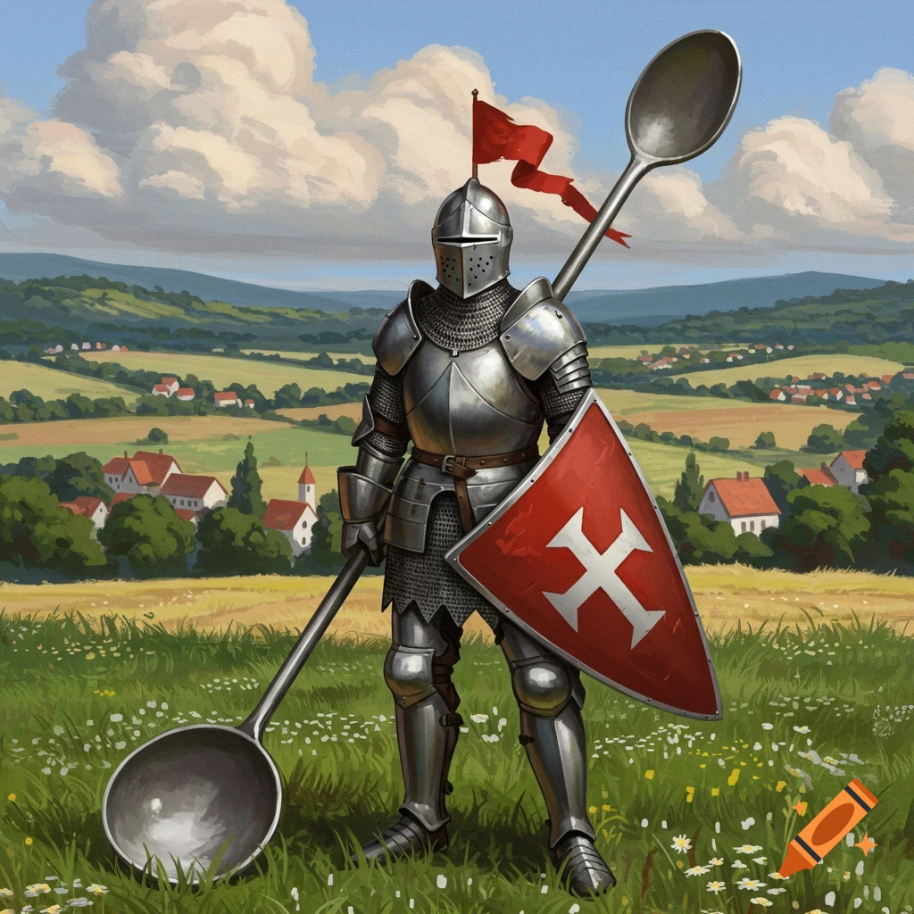A medieval style painting of a knight in armor holding giant spoons and a shield in the countryside.