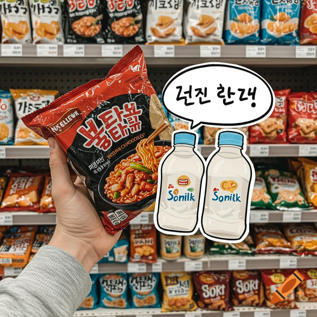 Hand holding a package of spicy ramen noodles in a convenience store aisle, with cartoon milk bottles and a Korean speech bubble overlaid.