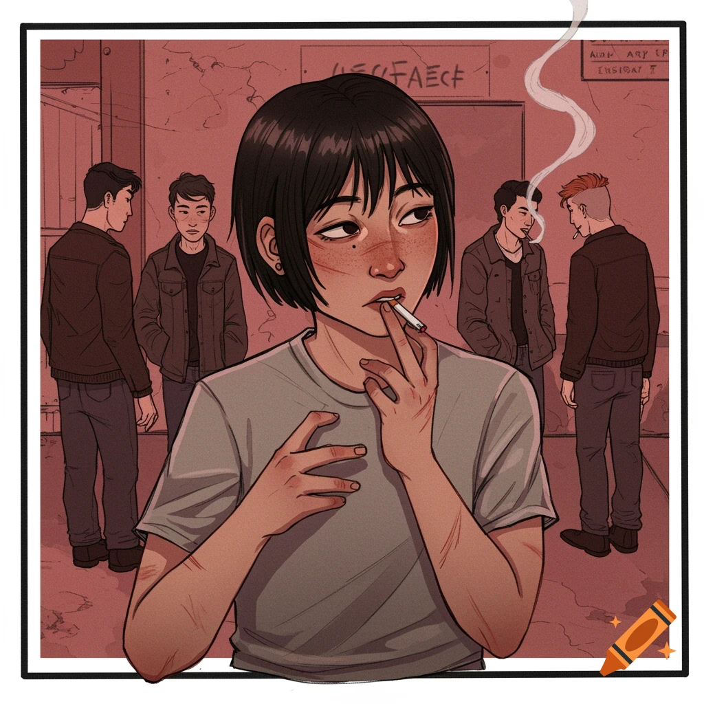 Drawing of a young person with short dark hair and scars, smoking a cigarette while standing near friends.