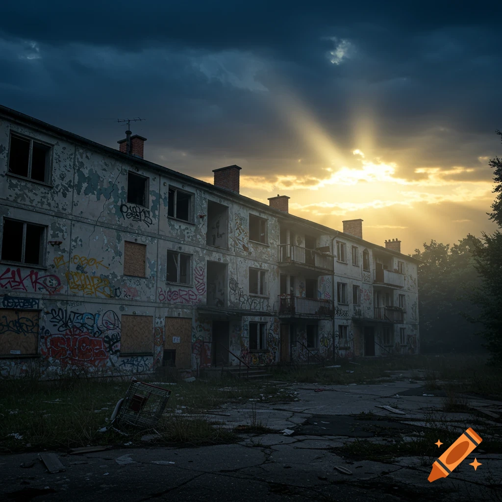 Abandoned apartment building covered in graffiti under a dramatic sunset sky.