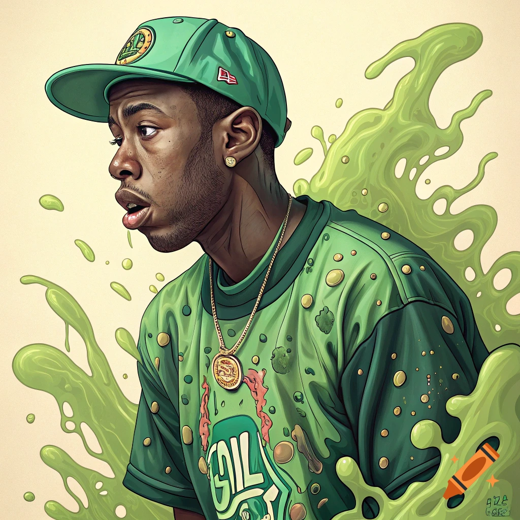 A stylized illustration of a man resembling Tyler the Creator in a green outfit with a cap, surrounded by green slime.