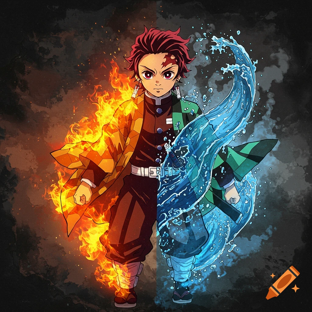 An anime character split between fire and water effects.