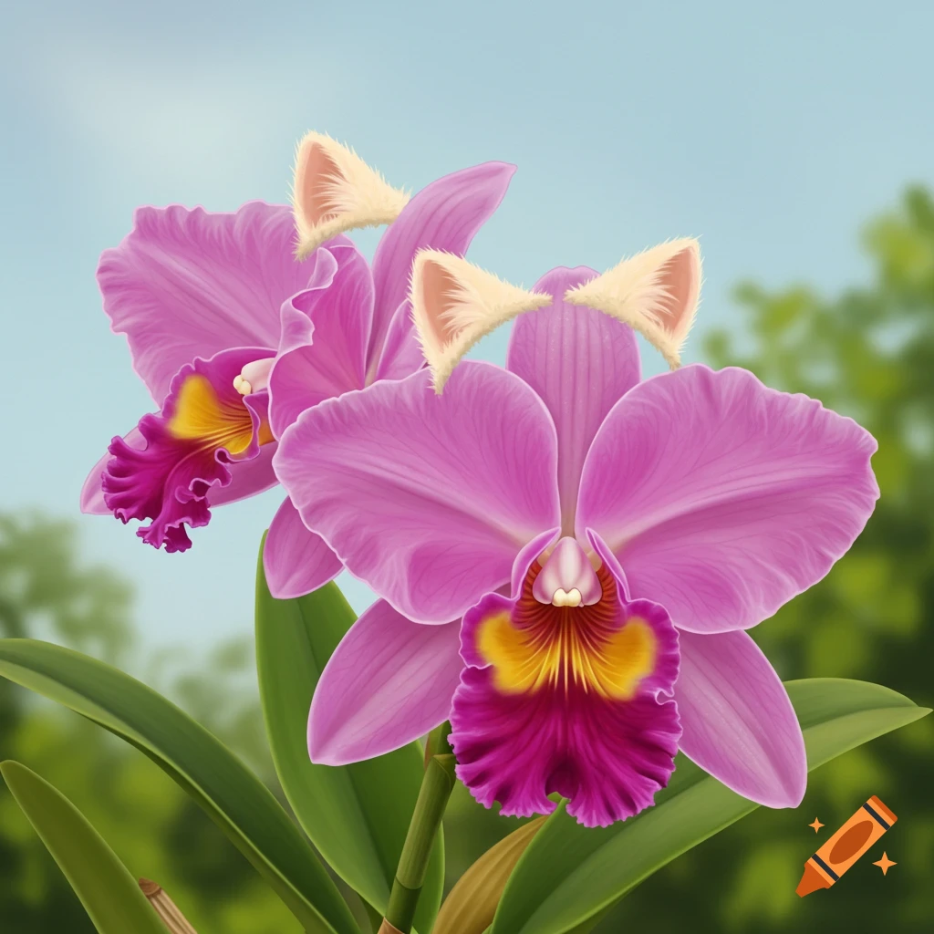 Two purple and yellow orchids with furry cat ears