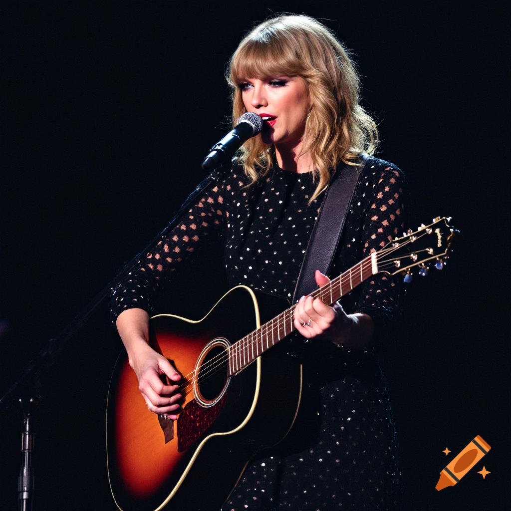 Taylor Swift playing an acoustic guitar and singing on stage.