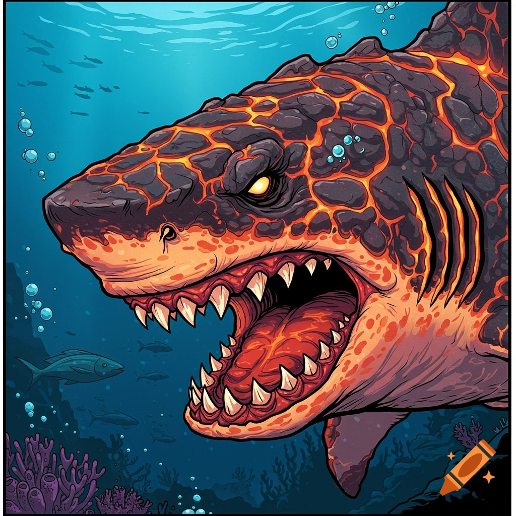 Comic book art of a lava-skinned shark swimming underwater