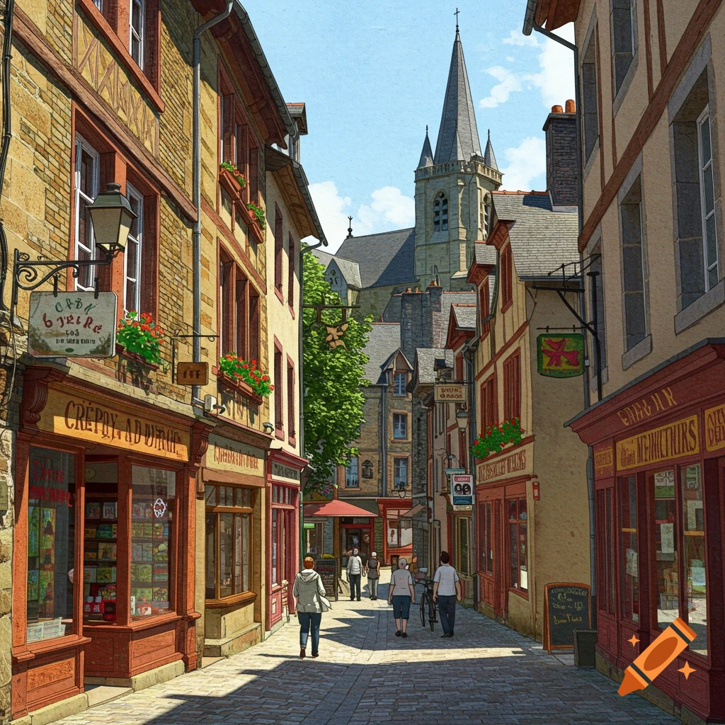 Illustrated street scene in a historic European town with shops and a church spire.
