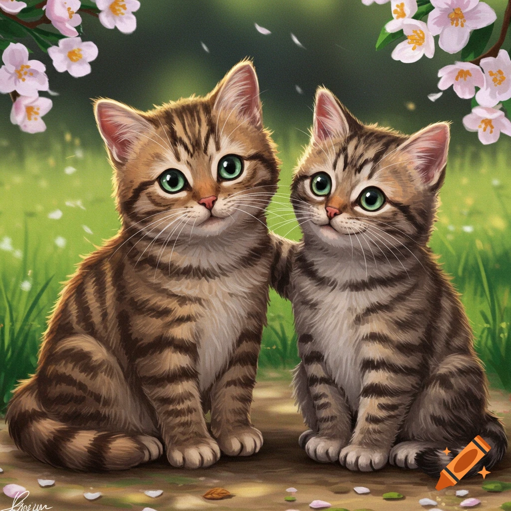 Two tabby kittens sit on a path under cherry blossoms in spring. Illustration style.