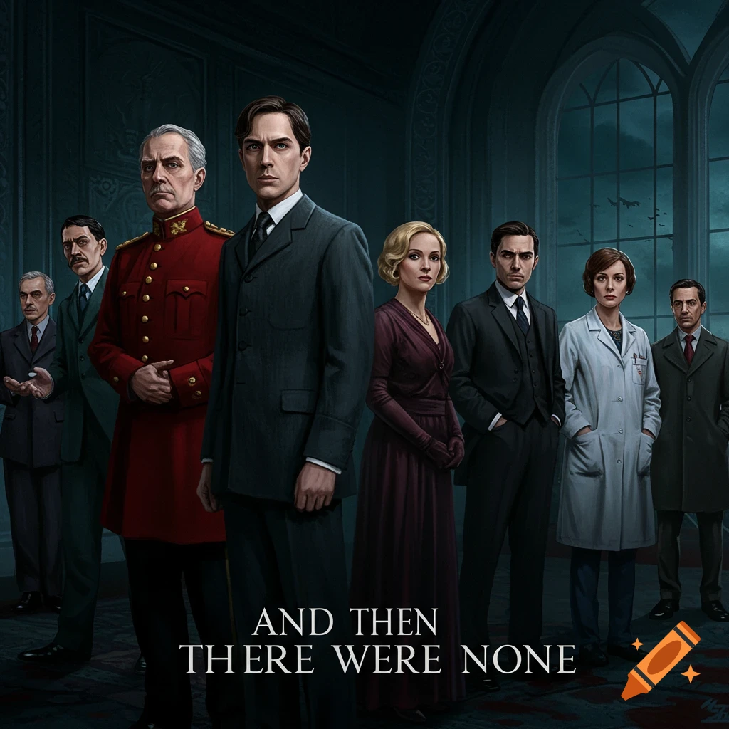 Illustration of seven serious people in historical clothing, like a movie poster.