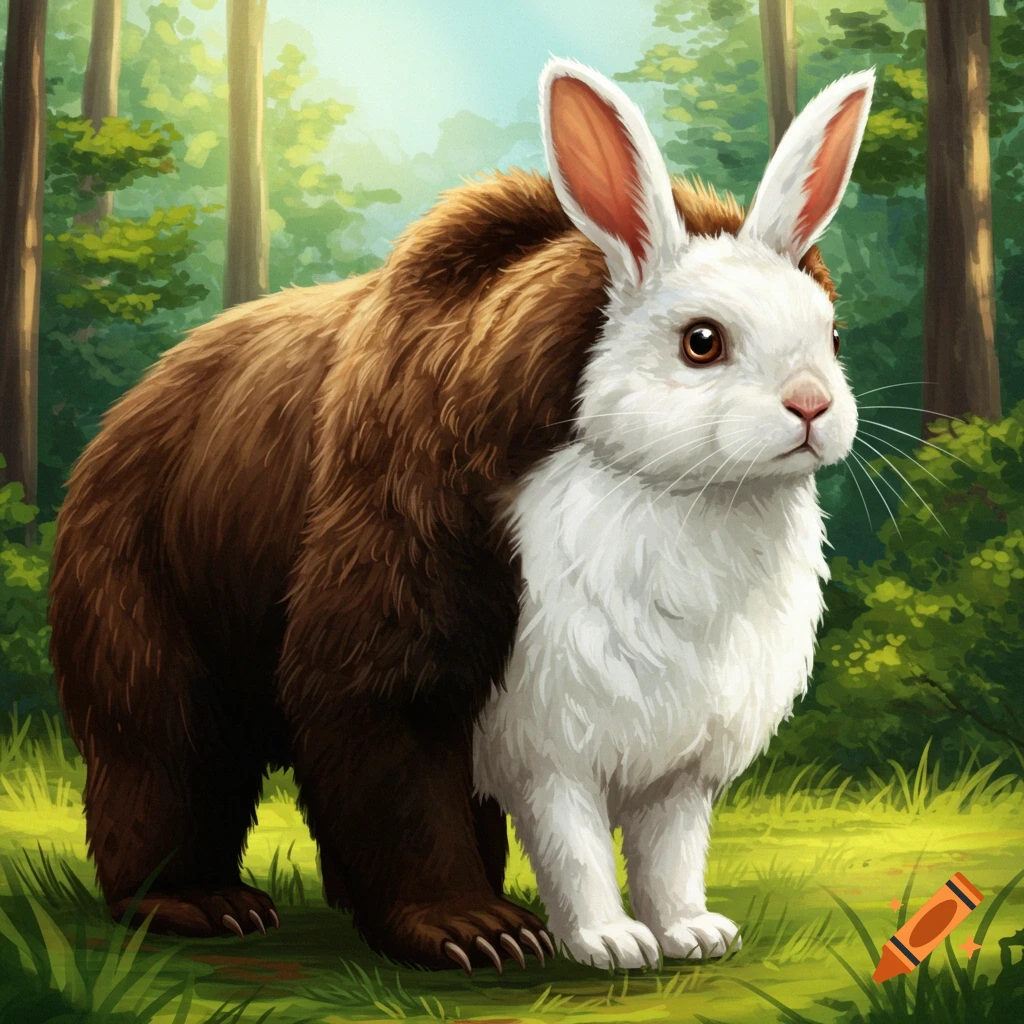 A fantasy creature, part white rabbit and part grizzly bear, stands in a forest clearing.
