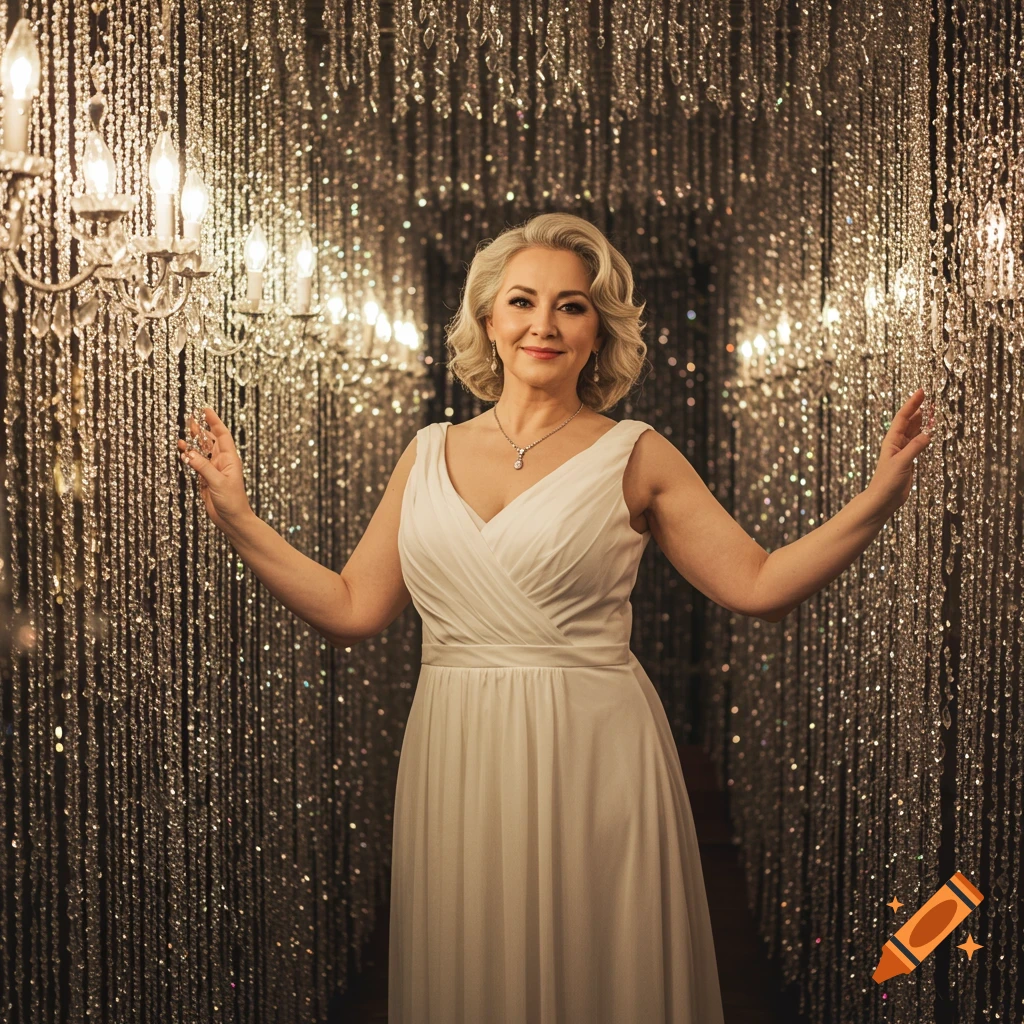 Woman in white dress standing in a corridor lined with sparkling crystal beads and chandeliers