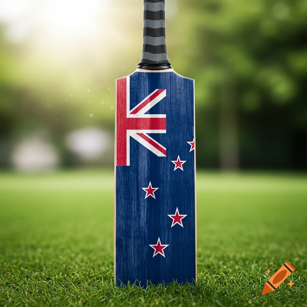 A cricket bat painted with the New Zealand flag stands in green grass.