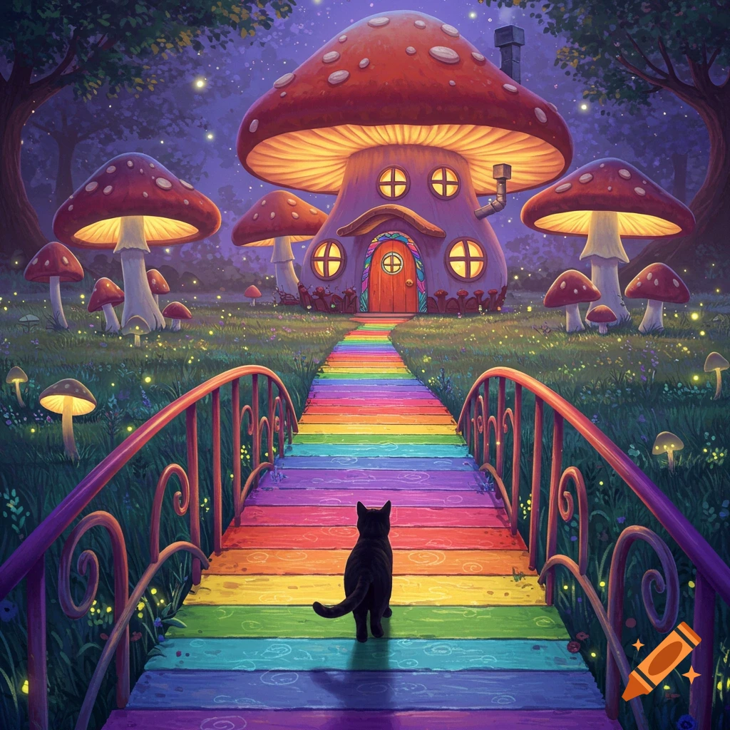 A black cat walks across a rainbow bridge towards a glowing mushroom house in a fantasy forest at night.