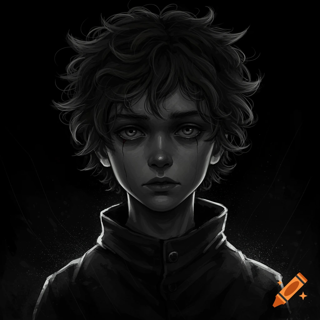 Grayscale digital portrait of a boy with curly hair and dark streaks under his eyes.