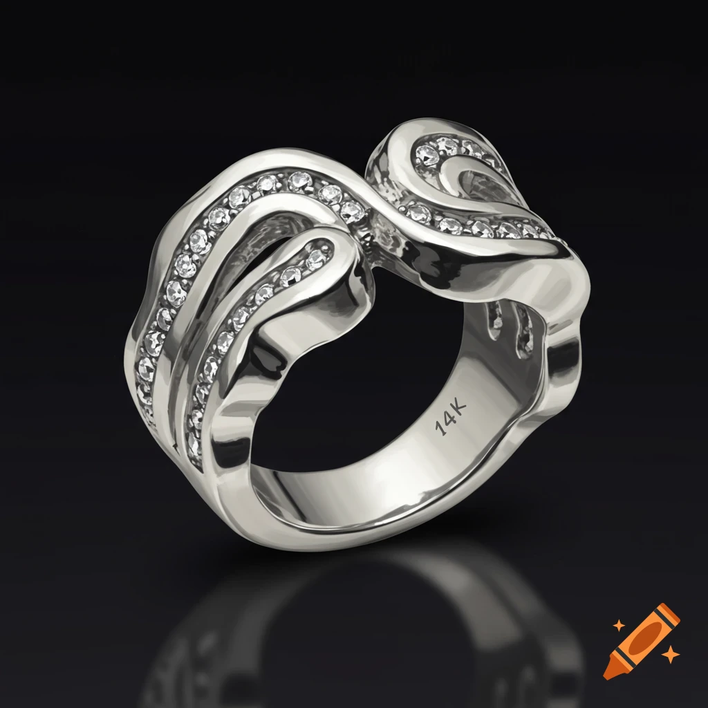 14K white gold chunky wavy ring with diamonds on a black background.