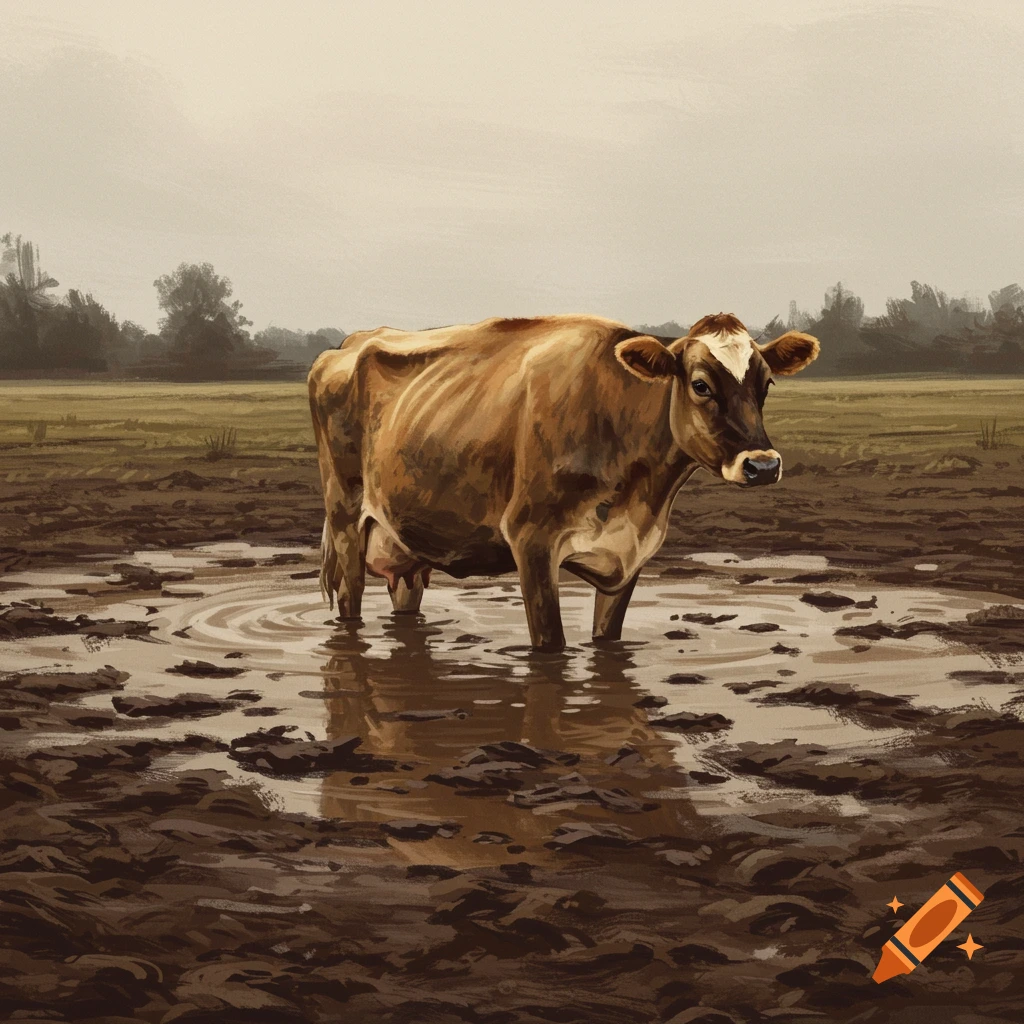 A brown cow stands in deep mud in a field, in a painterly style.