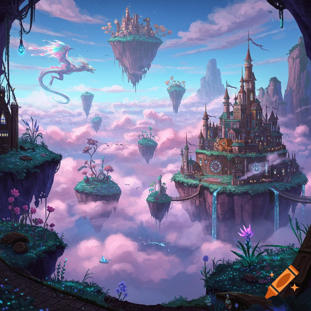 A fantasy landscape painting of floating islands with castles and a dragon flying over clouds.