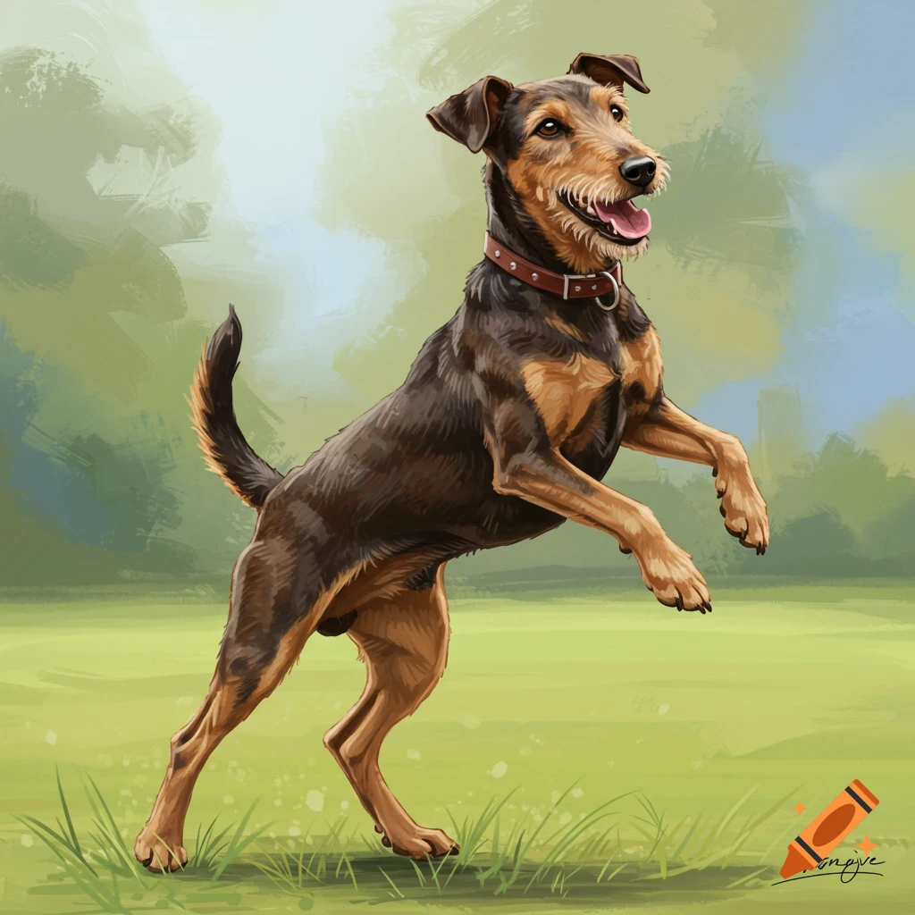 Jagdterrier dog jumping in a grassy field.
