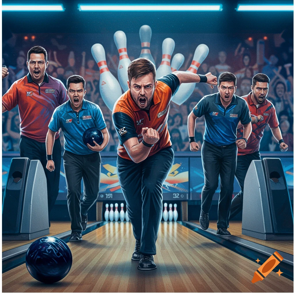 Energetic bowlers compete in a dynamic illustration of a bowling championship.