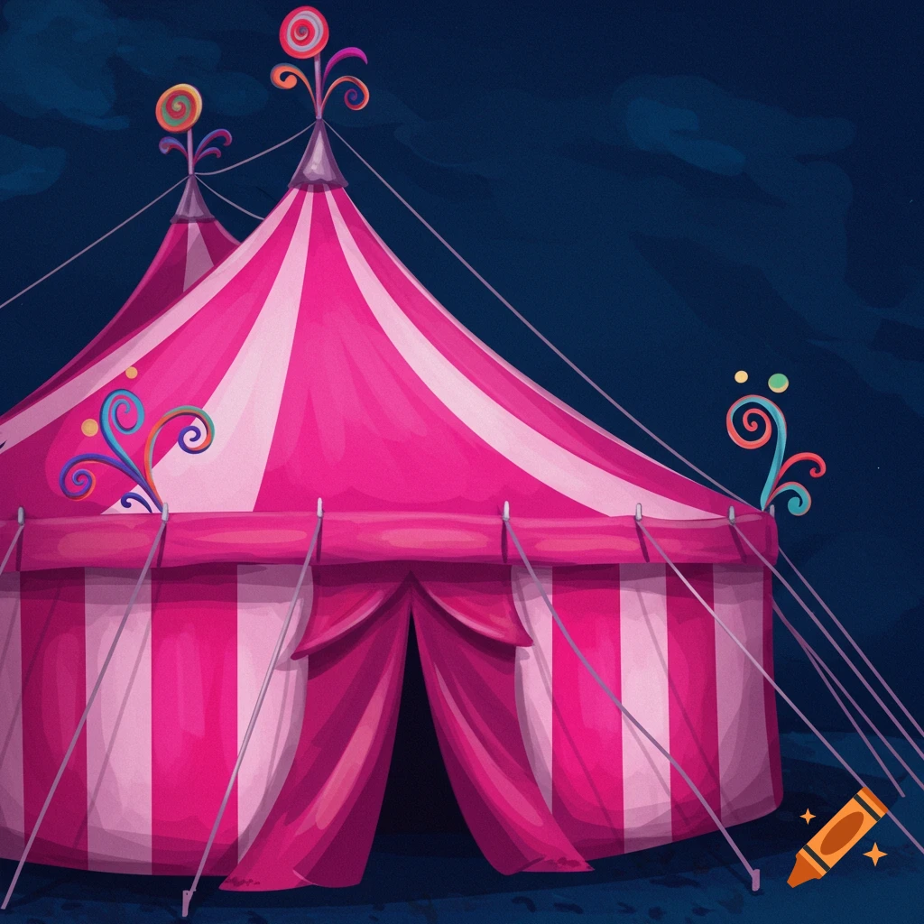 A pink and white striped circus tent against a dark blue sky.