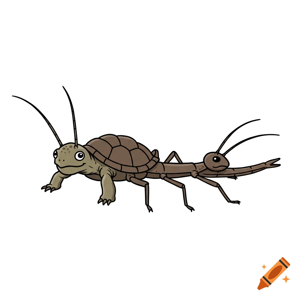 Cartoon hybrid creature combining a turtle and a stick bug on a white background.