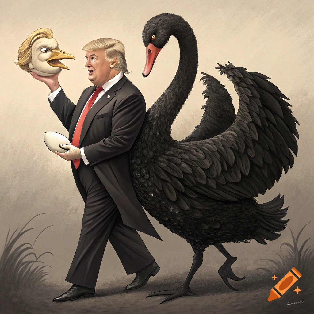 Caricature of Donald Trump walking with a large black swan, holding a bird mask and an egg.