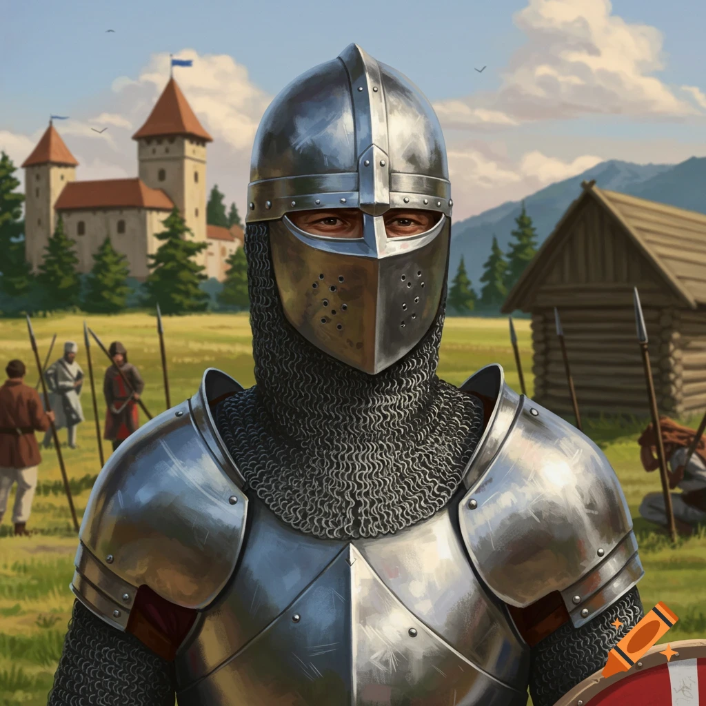 A detailed illustration of a medieval knight in full armor standing in a field with a castle and soldiers in the background.