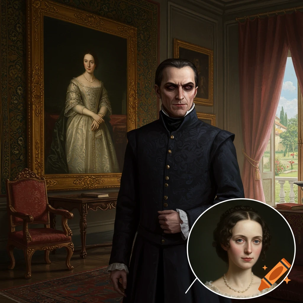A man in historical clothing stands in a room next to a large portrait of a woman.