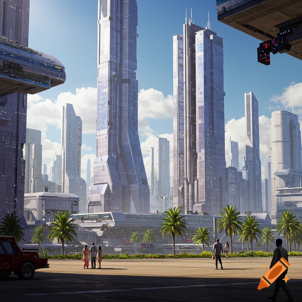 View of a futuristic city skyline with towering buildings, palm trees, and people in the foreground.