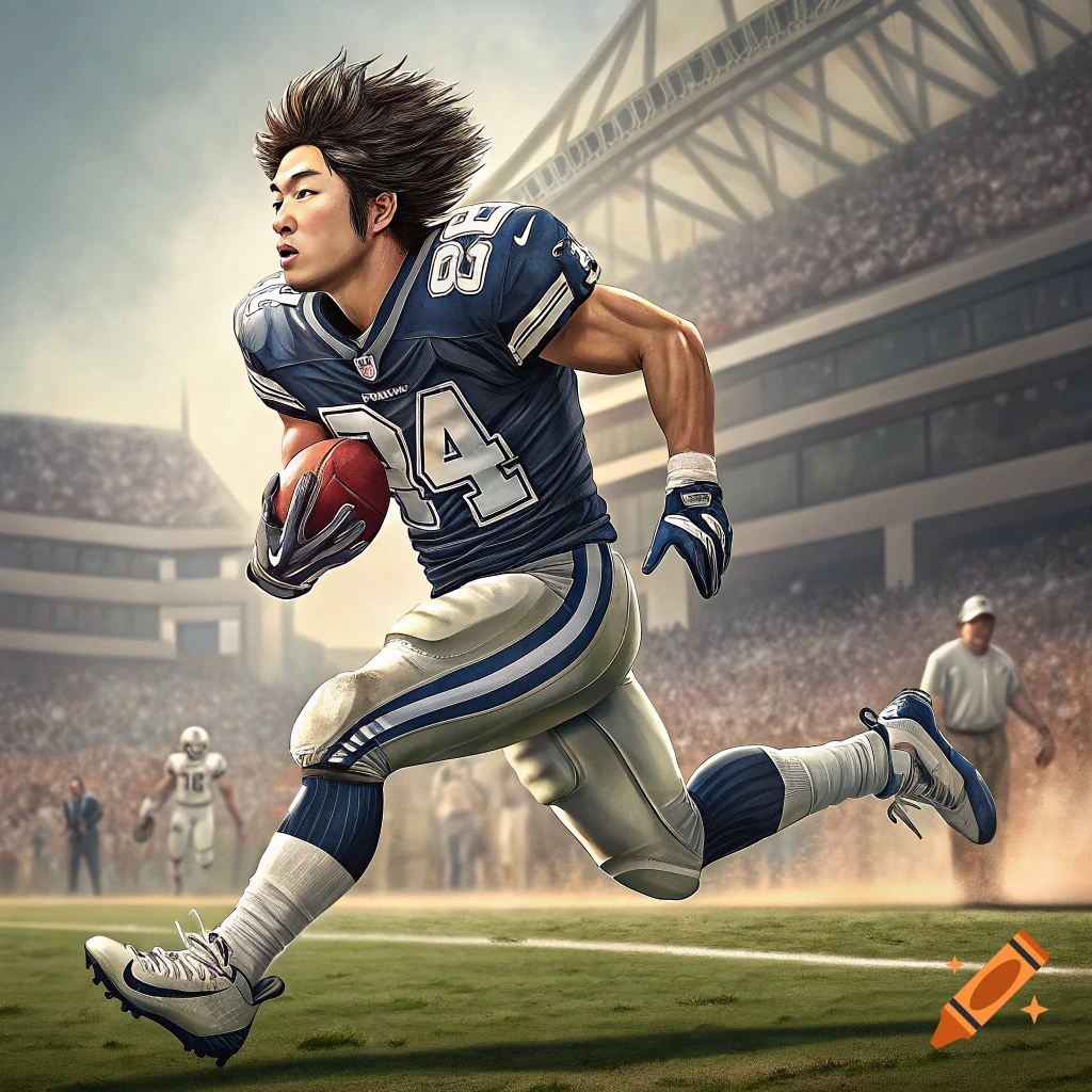 Football player in uniform running with ball in a stadium