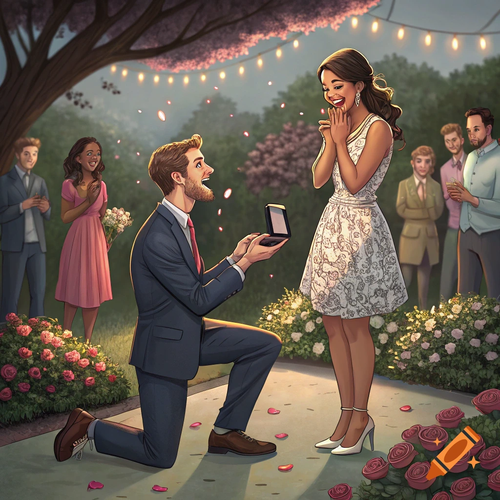 Illustration of a man proposing to a woman in a garden watched by others.