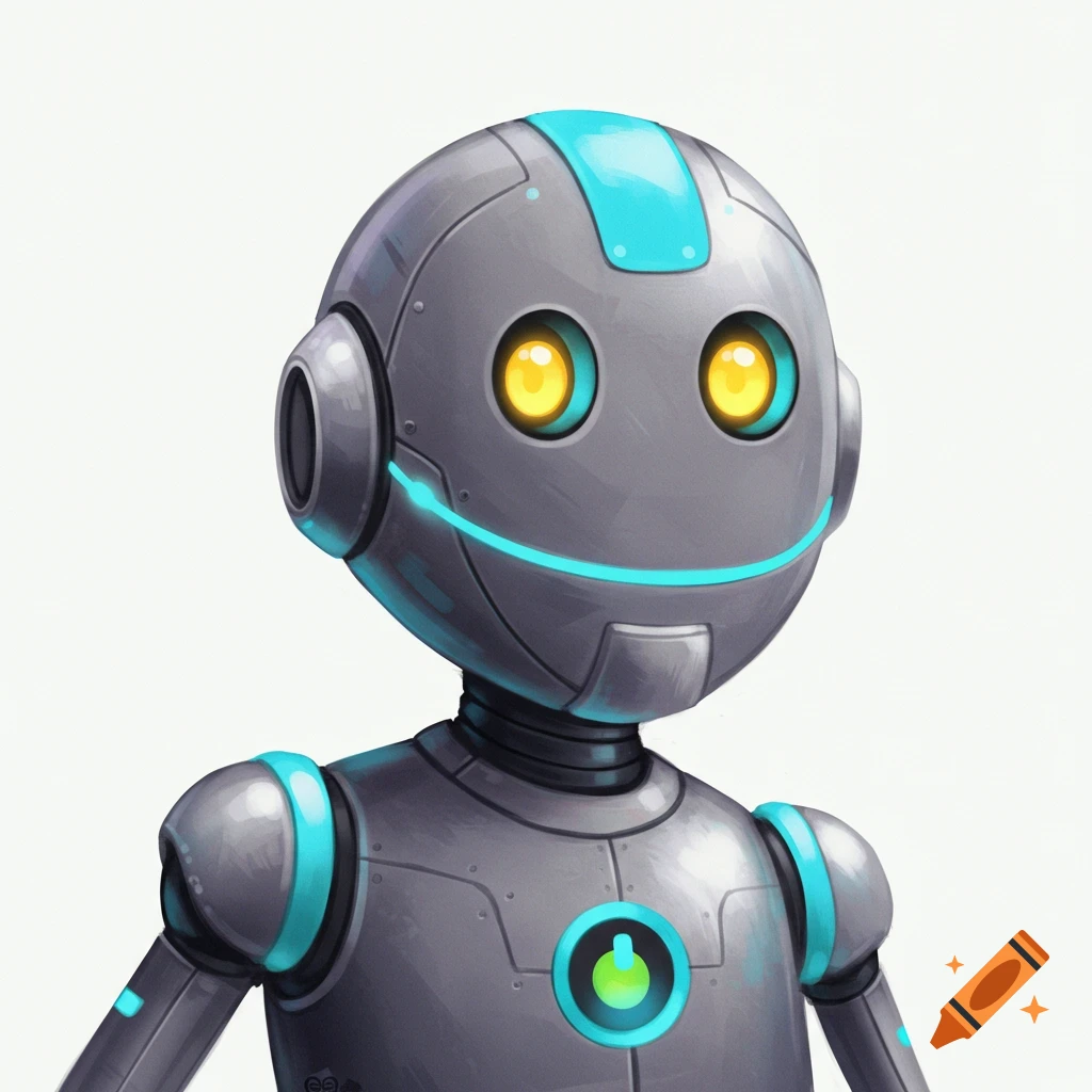 An illustration of a smiling grey and blue cartoon robot bust.