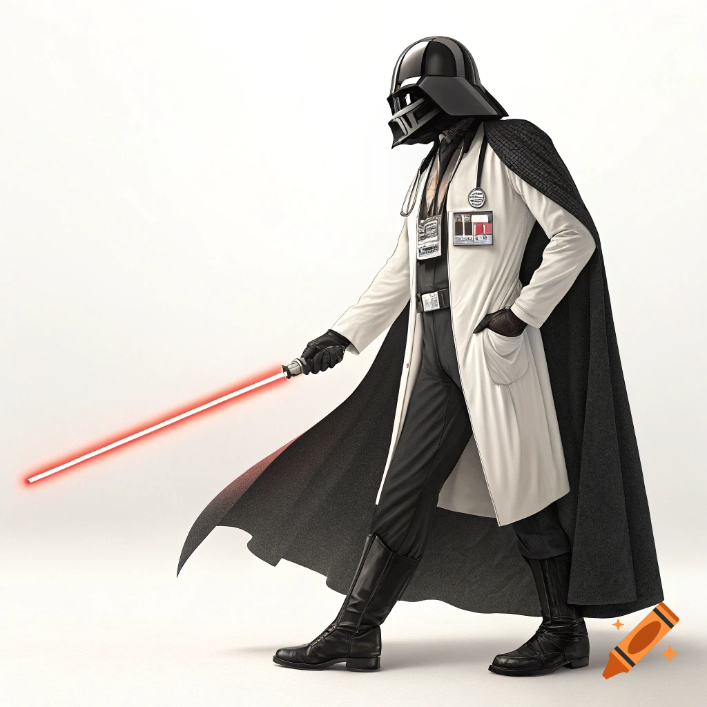 Darth Vader in a white medical coat holding a red lightsaber against a white background.