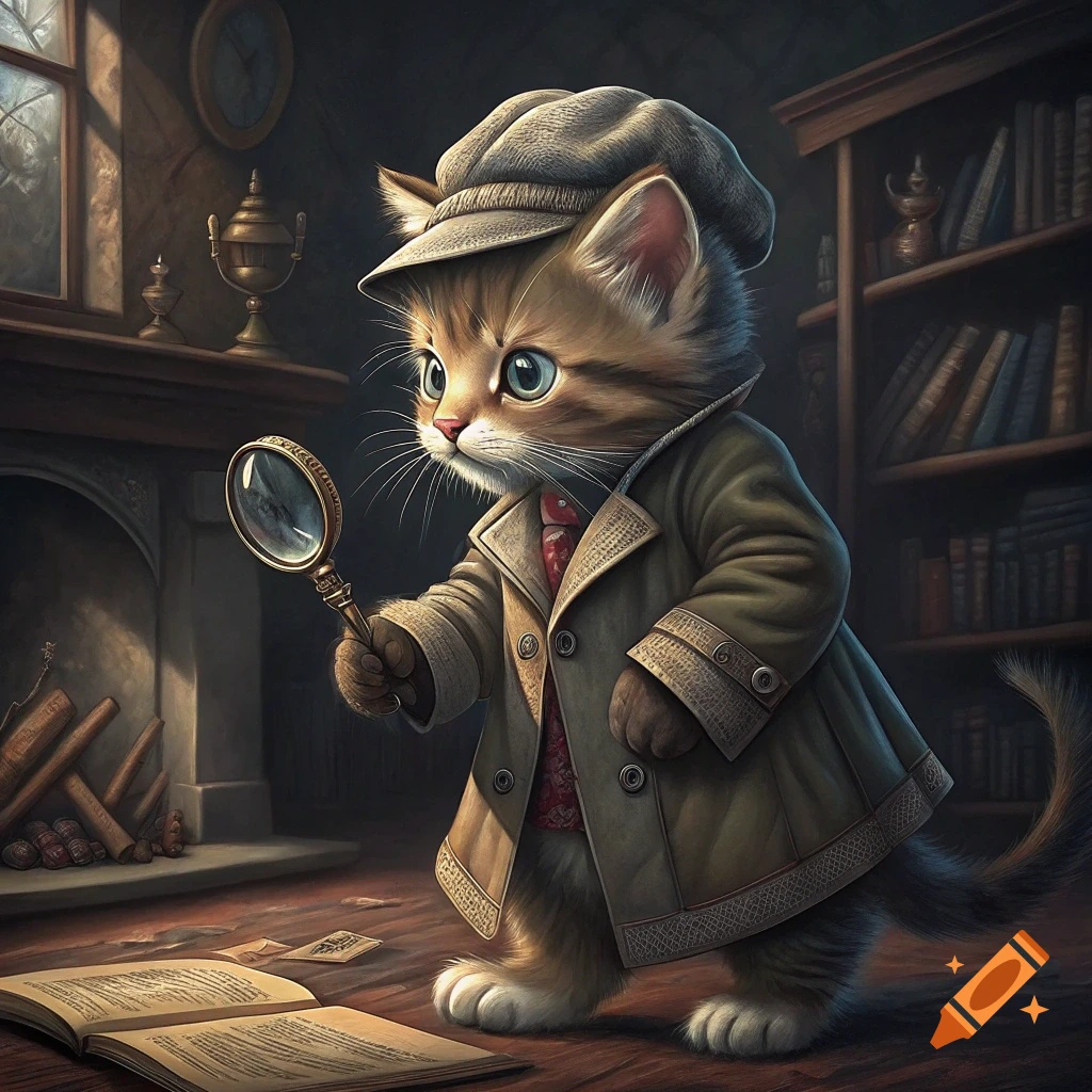 Realistic kitten dressed as a detective with a magnifying glass in a study.