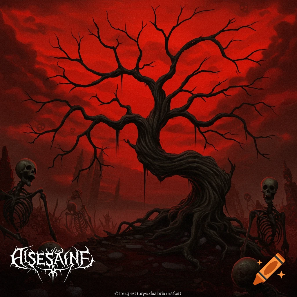 Dark illustration of a twisted tree and skeletons in a graveyard under a red sky.