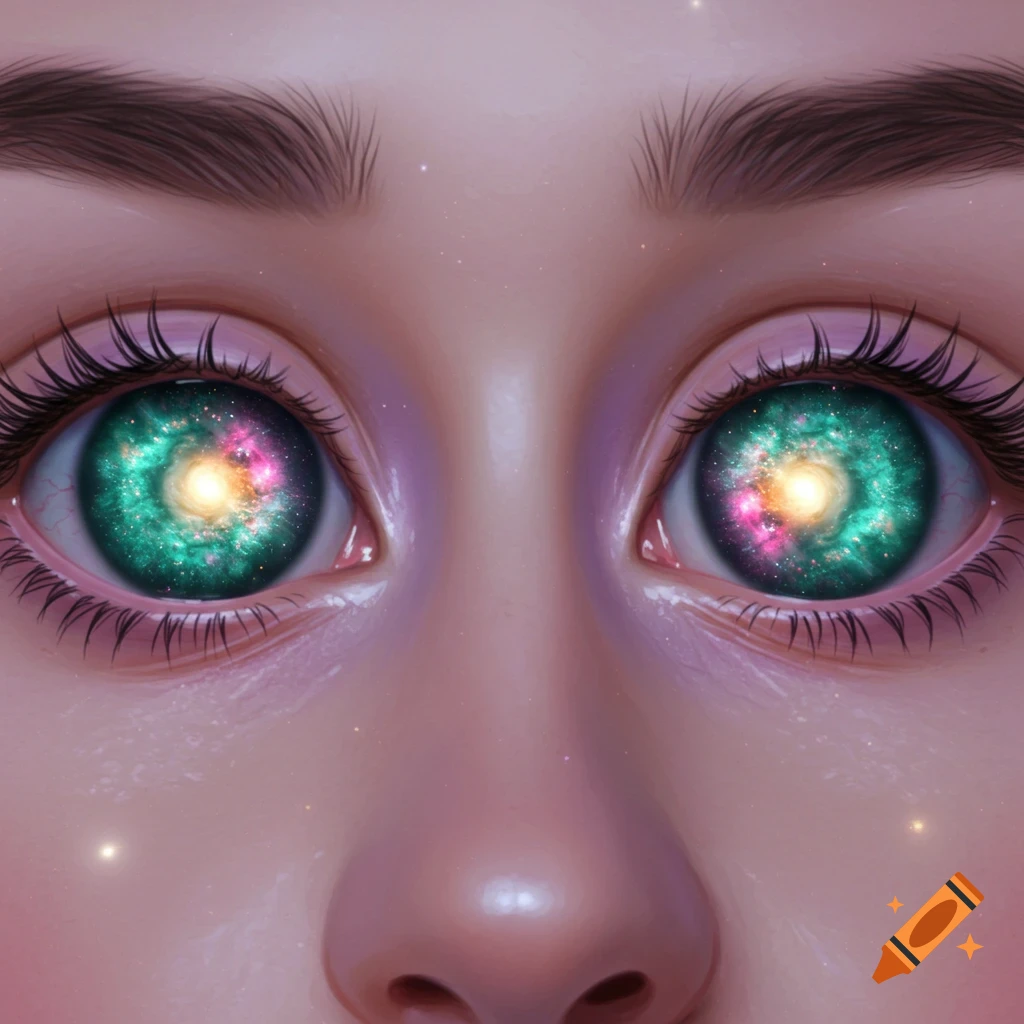 Close-up of human eyes with swirling galaxies in the irises