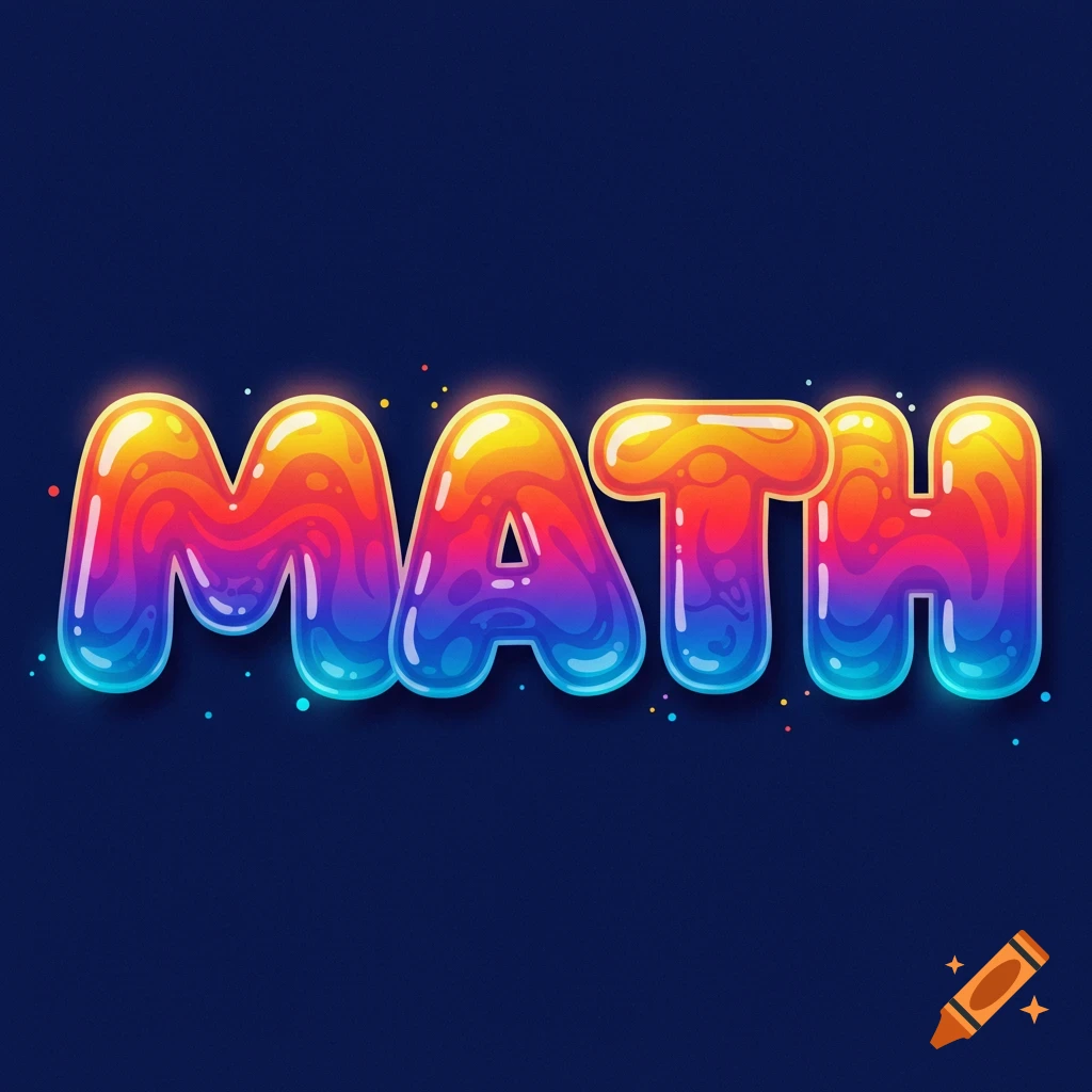 Colorful, glossy bubble letters spelling MATH with a glowing effect and small sparkles on a dark background.
