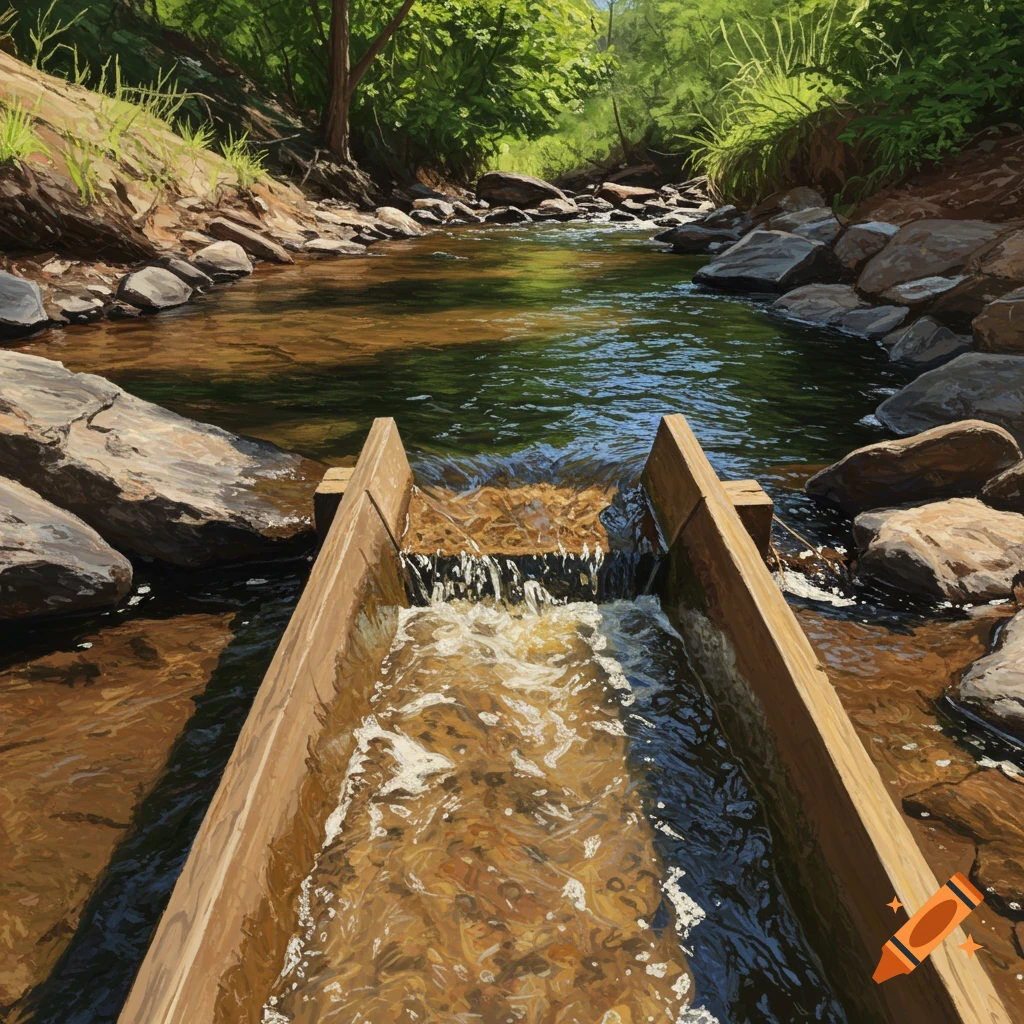 A painting of water flowing through a wooden sluice box in a rocky creek in a forest.