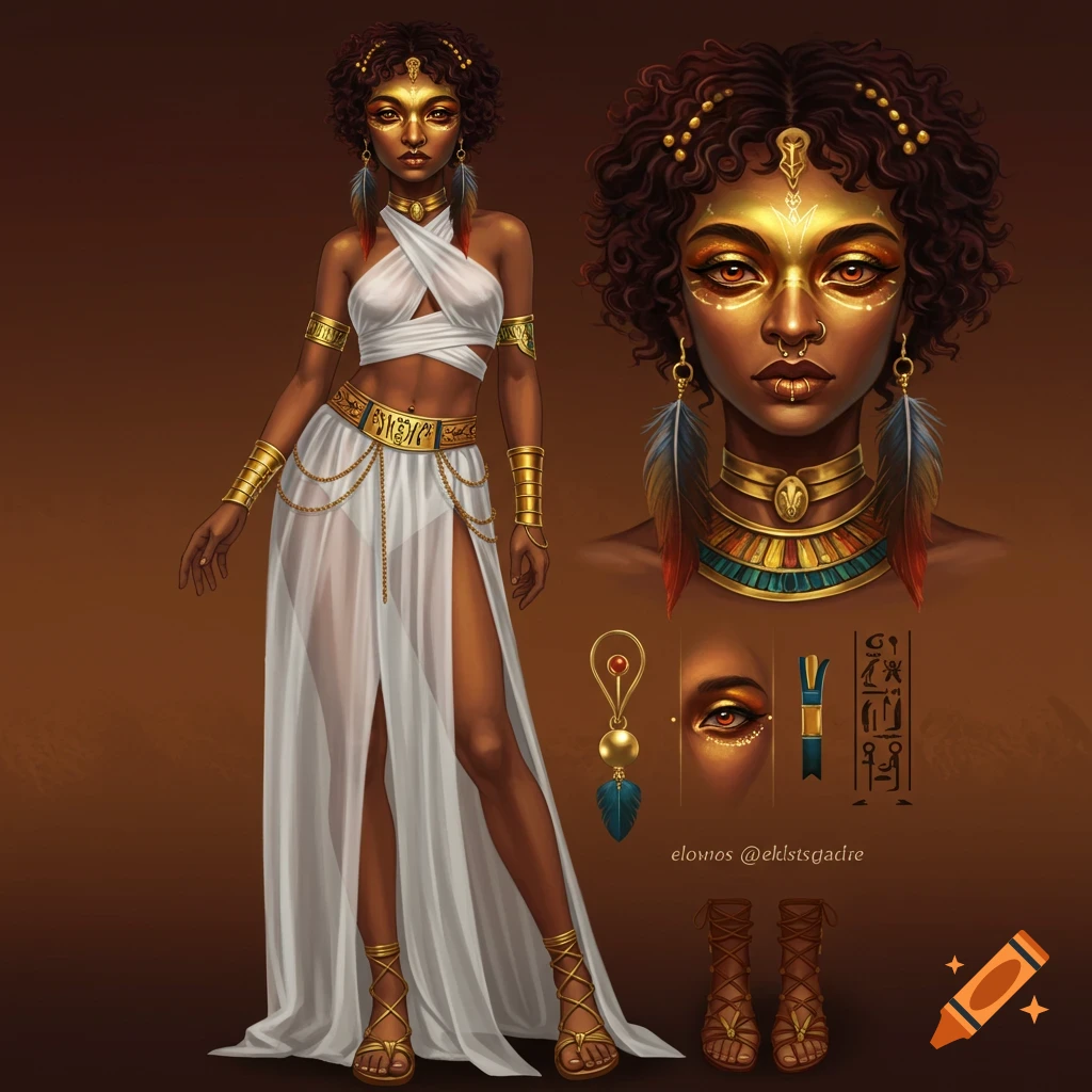 Illustration of a fantasy woman in Egyptian-inspired attire with a gold mask and jewelry.