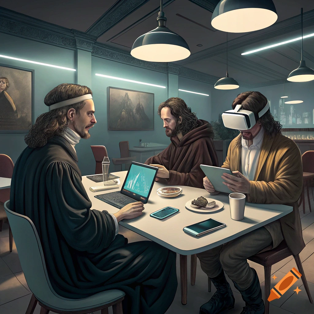 Historical figures Descartes, Spinoza, and Pascal sit in a modern cafe using a laptop, tablet, and VR headset.