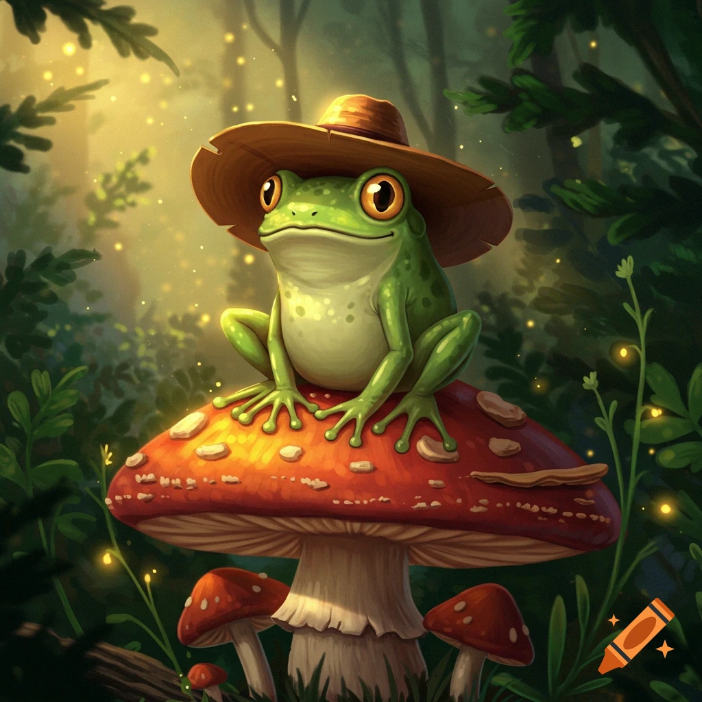Illustration of a frog wearing a hat, sitting on a red and white mushroom in a magical forest.