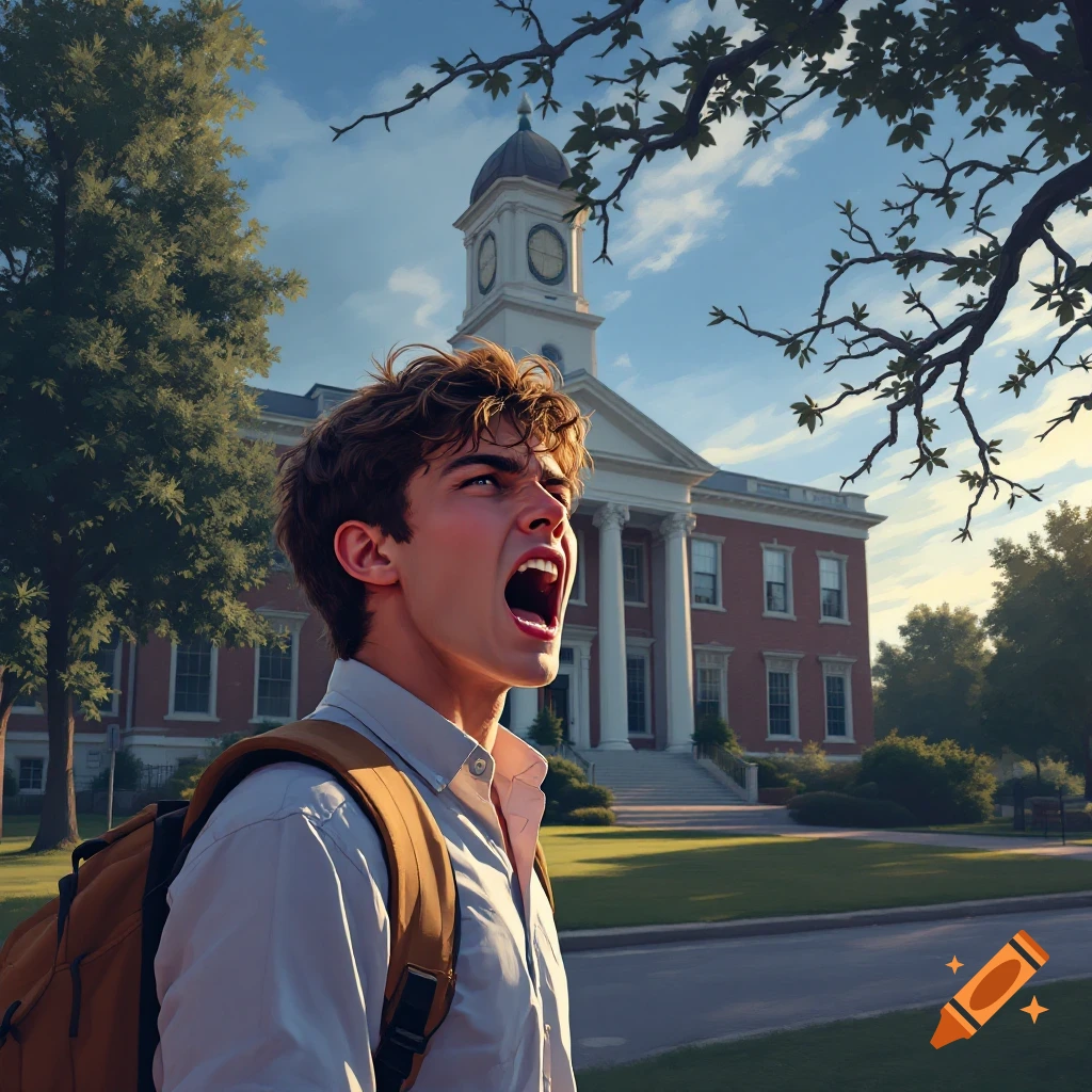 A male student yells dramatically in front of a school building on a sunny day.