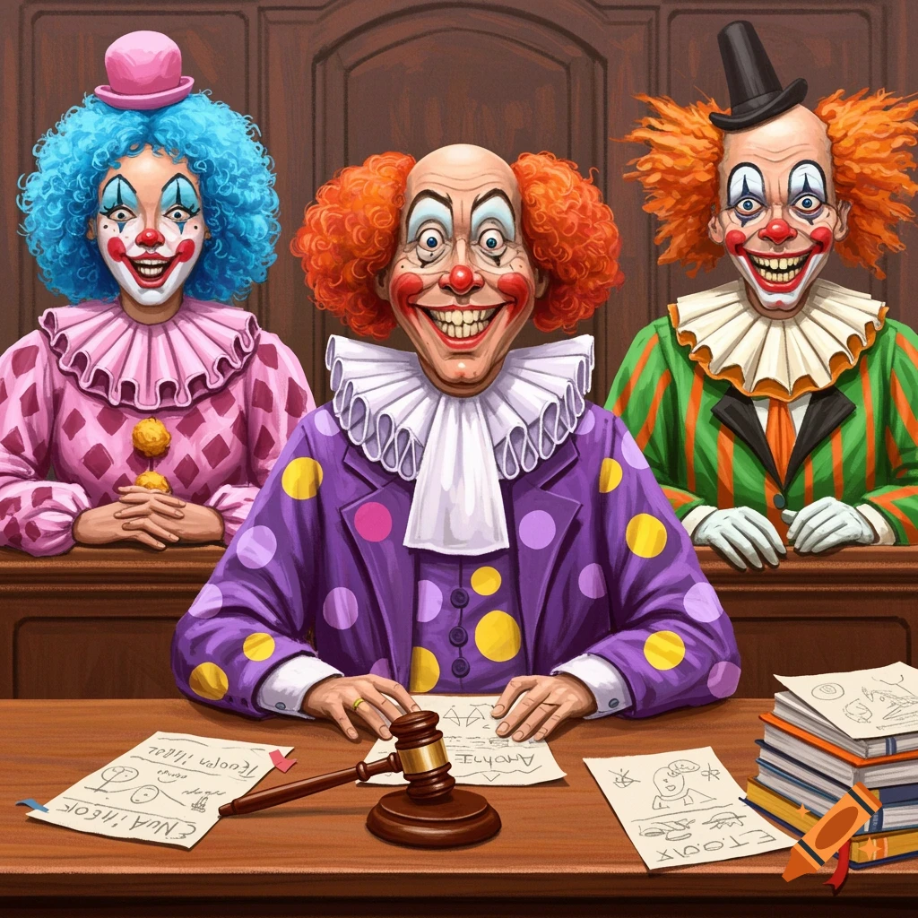 Three clowns dressed as judges sit at a desk in a courtroom with papers and a gavel.