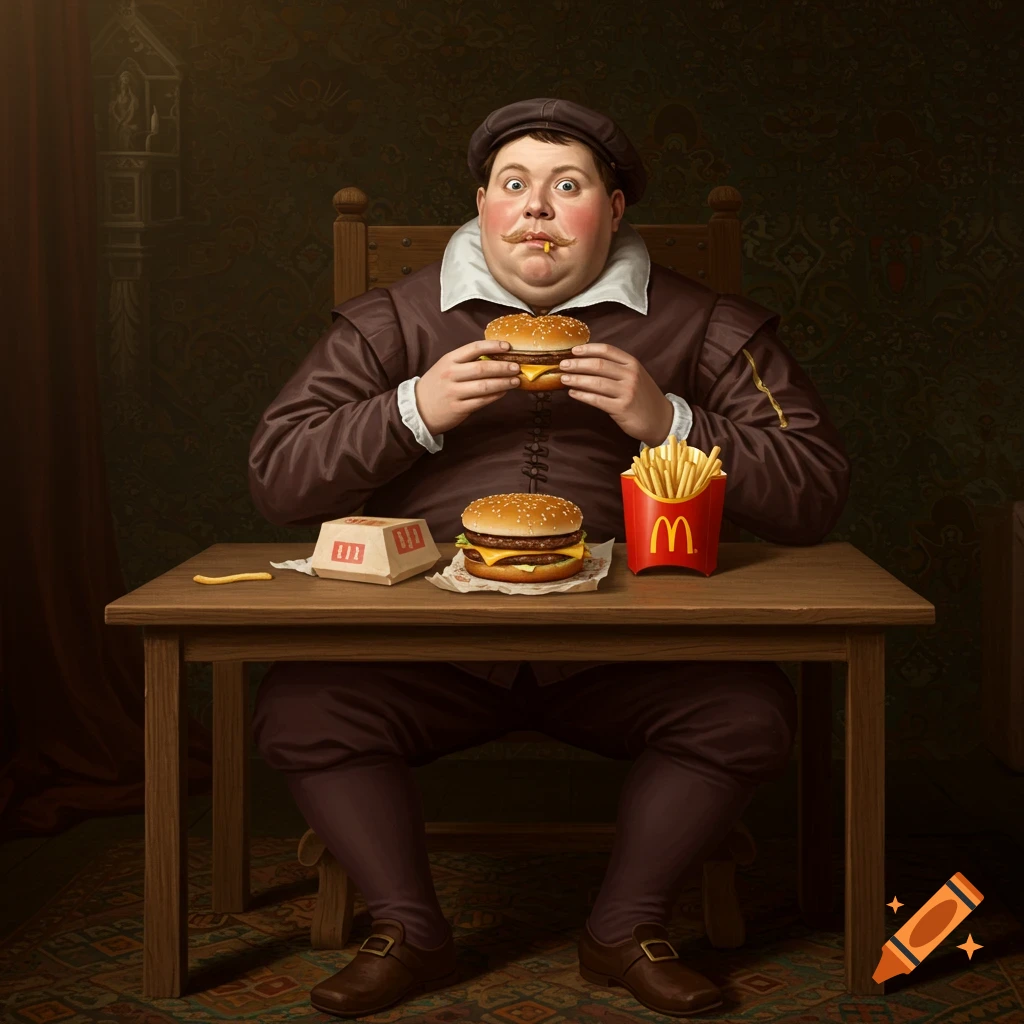 A man in Renaissance clothing sits at a table eating a McDonald's burger and fries, styled as a classical painting.