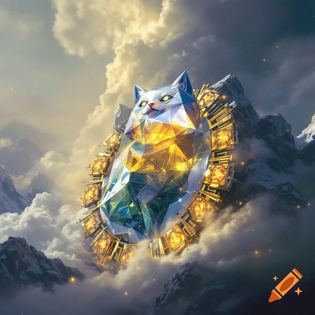 A polygonal diamond cat sculpture with golden accents floats among clouds near snowy mountains.