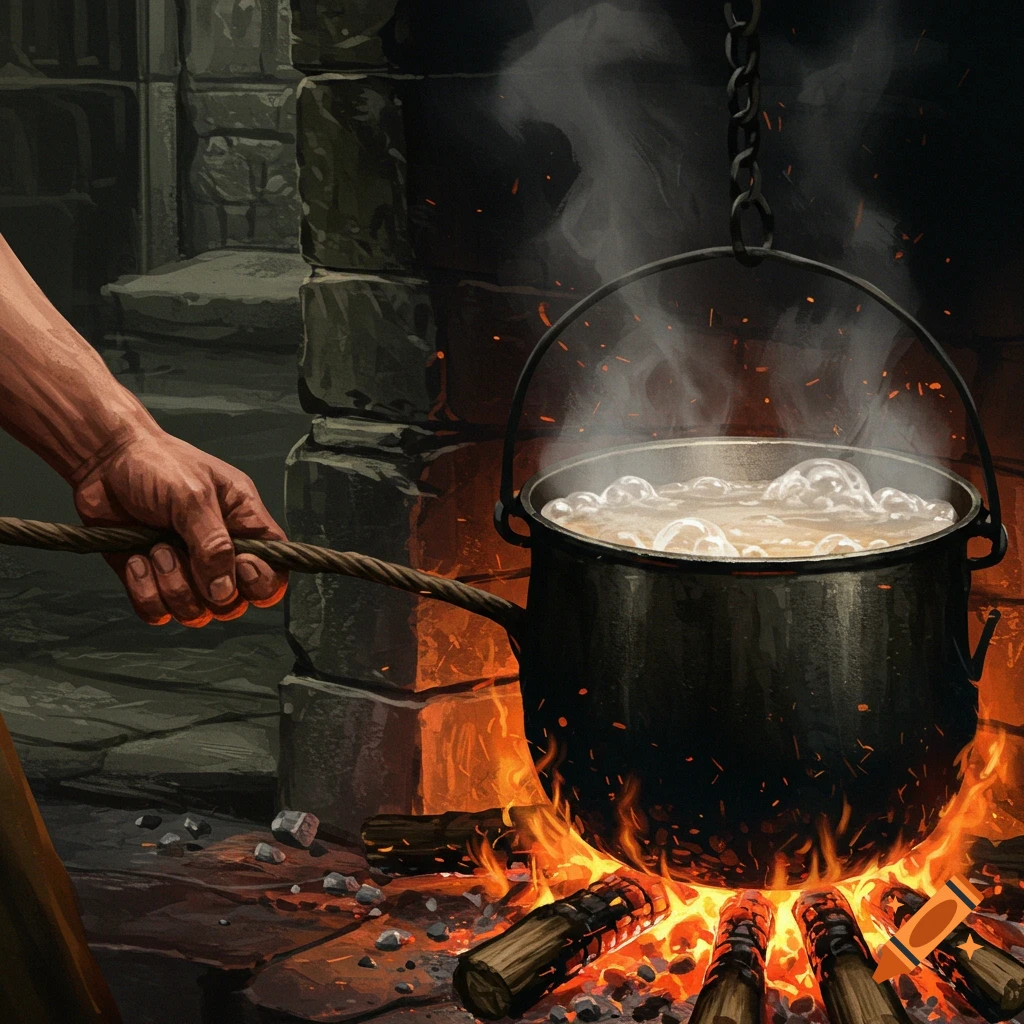 A hand pulls a log from a fire under a boiling pot in a medieval setting.